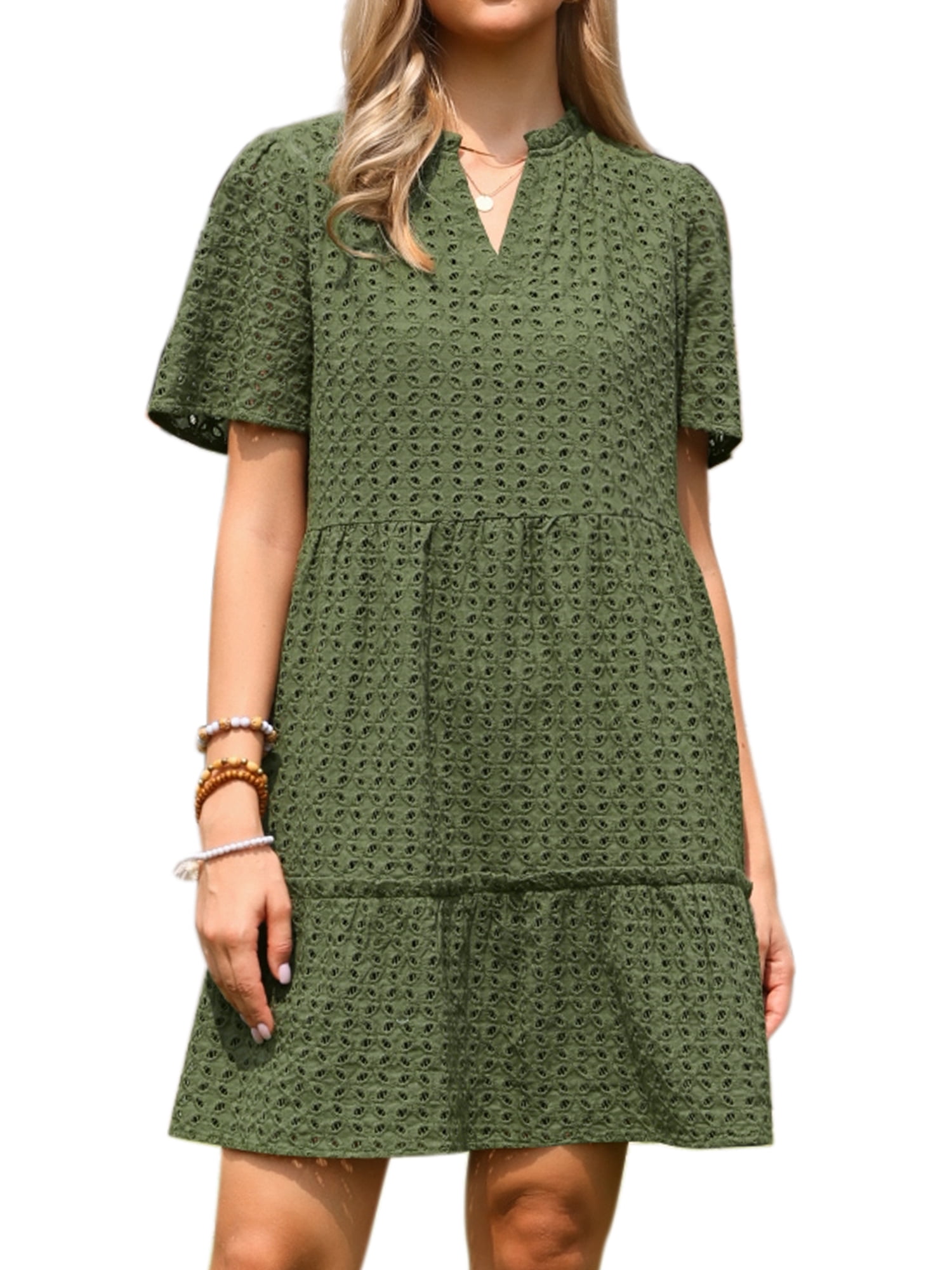 DARING DIVA Women's Eyelet Short Sleeve V Neck Hollow Out Mini Dresses M Army Green