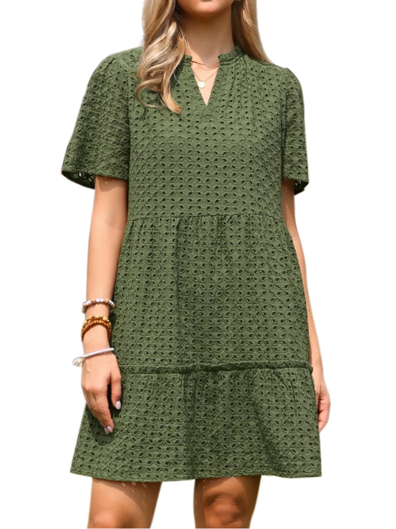 DARING DIVA Women's Eyelet Short Sleeve V Neck Hollow Out Mini Dresses XL Army Green