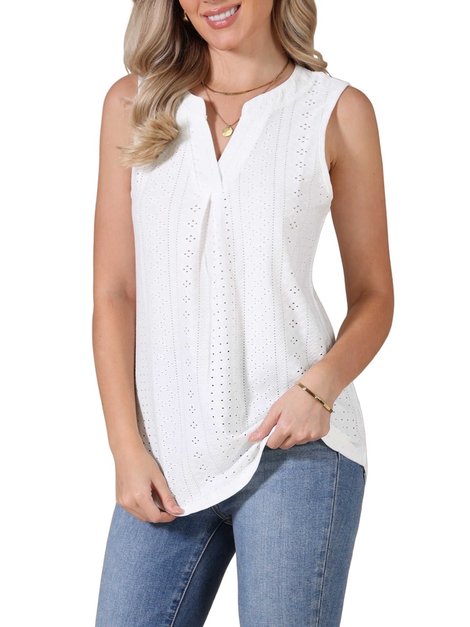 DARING DIVA Women's Eyelet Tank Top Sleeveless V Neck Casual Summer Blouse L White