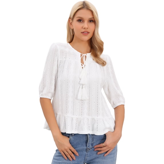 DARING DIVA Women's Eyelet Tops Embroidery Crewneck Tassel Tie Boho Blouse M White