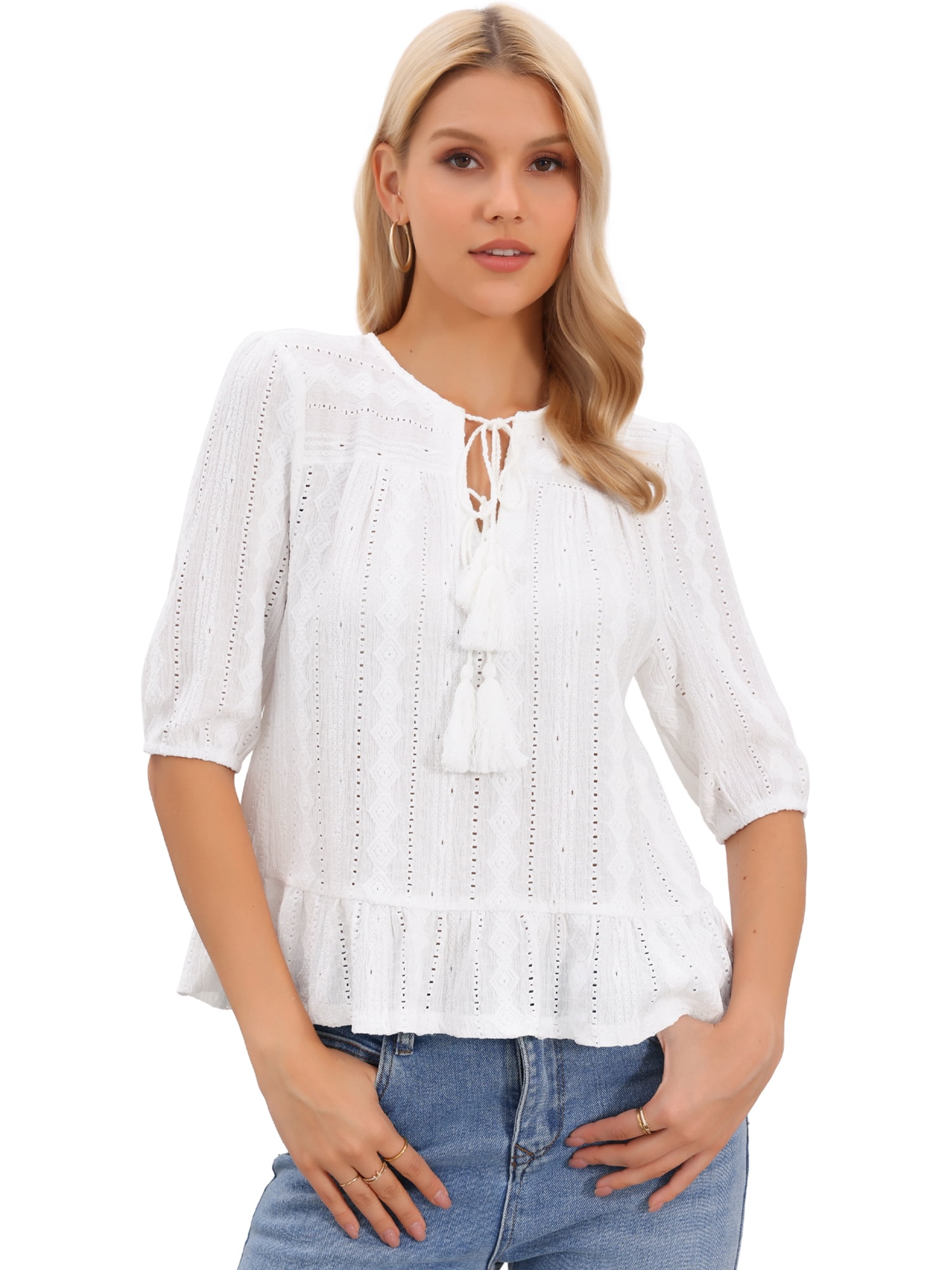 DARING DIVA Women's Eyelet Tops Embroidery Crewneck Tassel Tie Boho Blouse XL White