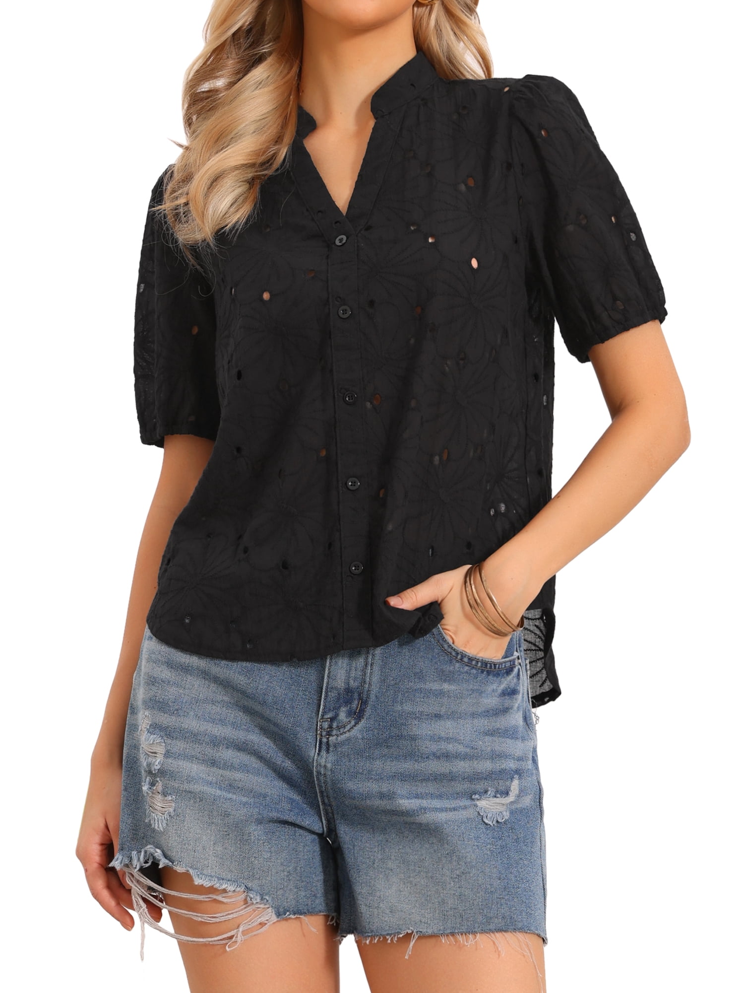 DARING DIVA Women's Eyelet Tops Short Sleeve Casual V Neck Hollow Out Shirts M Black