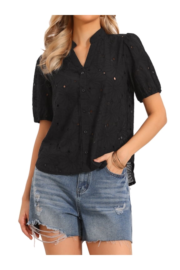 Women's Eyelet Tops Short Sleeve Casual V Neck Hollow Out Shirts XL Black
