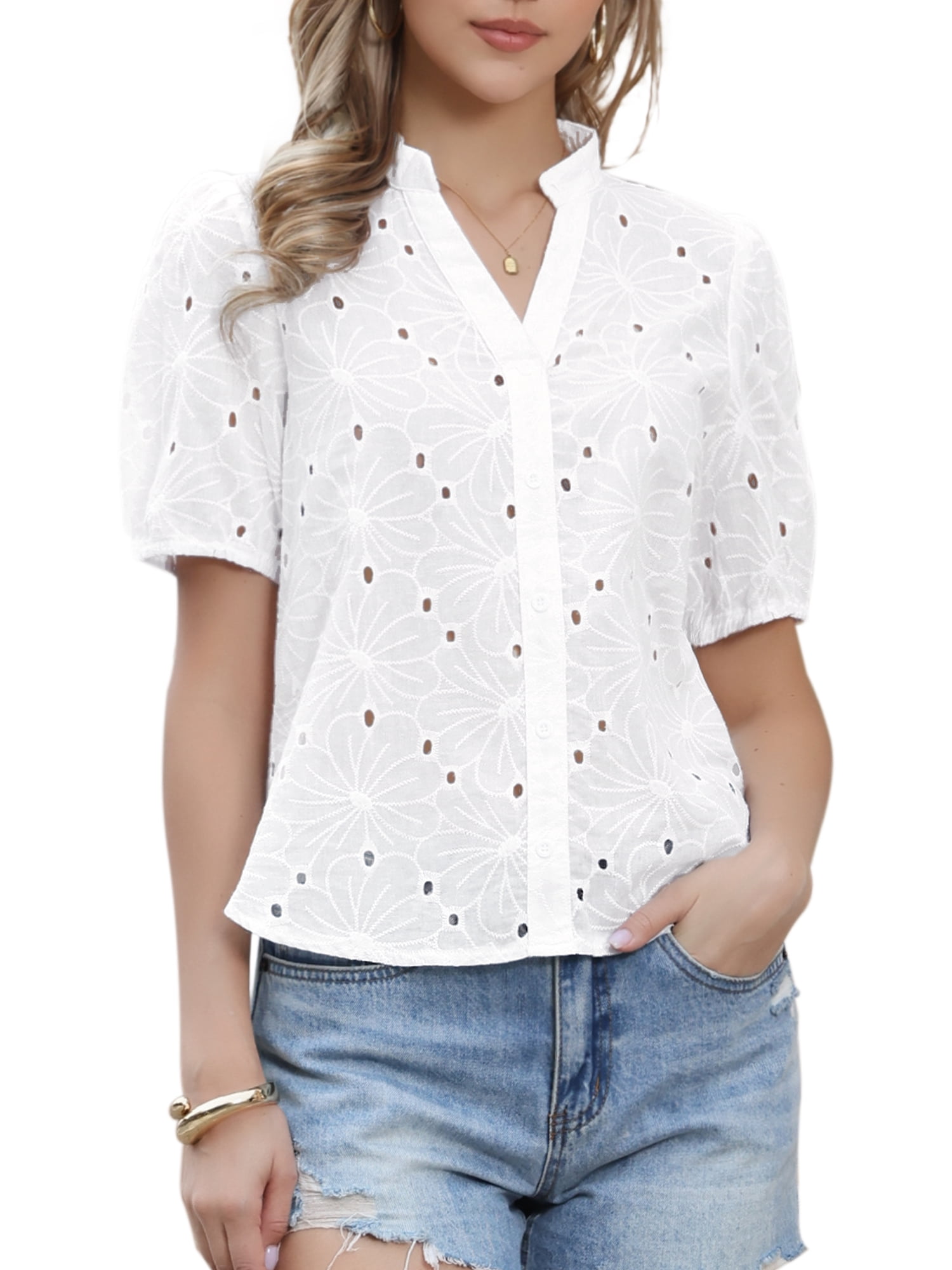 DARING DIVA Women's Eyelet Tops Short Sleeve Casual V Neck Hollow Out Shirts XS White