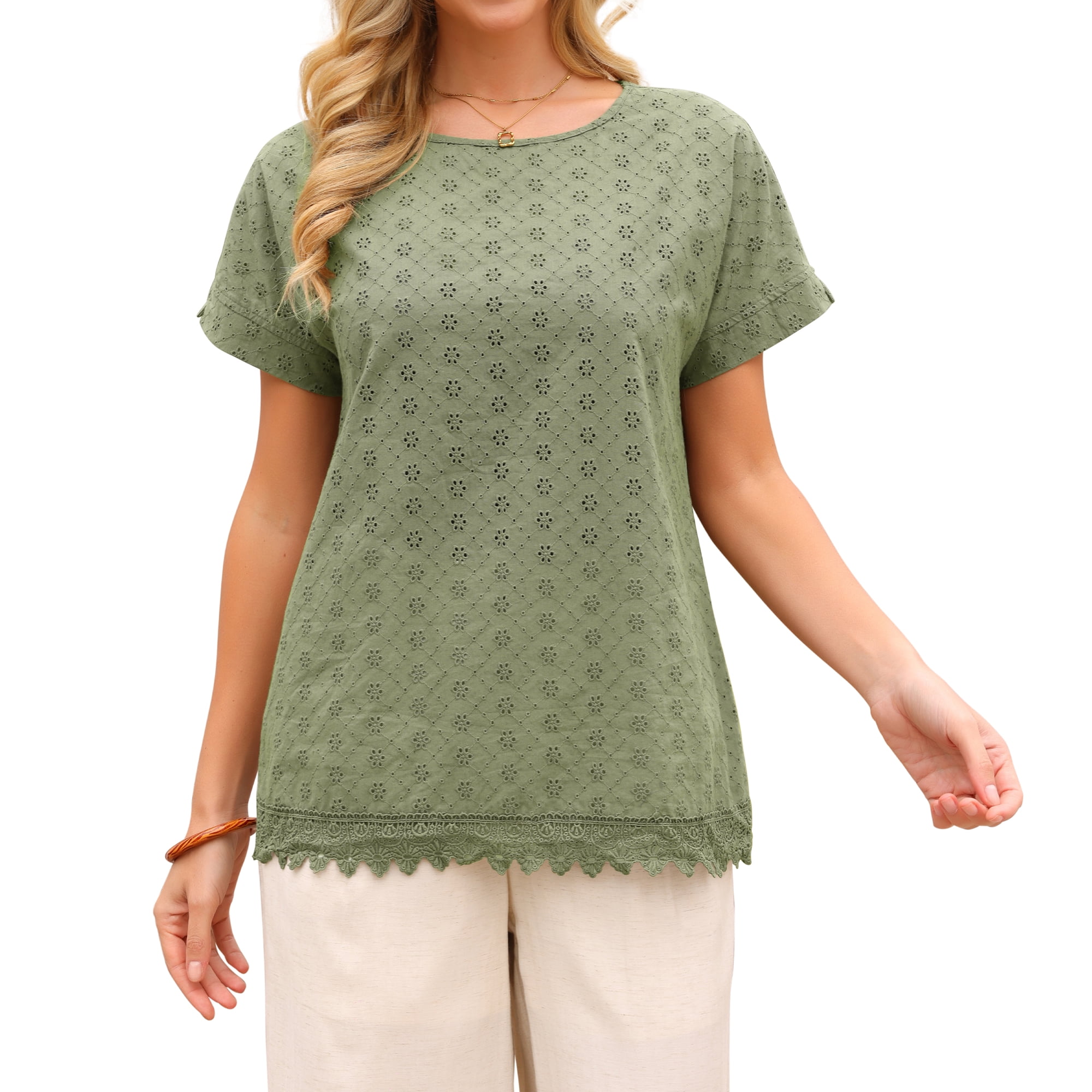 DARING DIVA Women's Eyelet Tops Short Sleeve Crewneck Contrast Lace Hem Blouses L Green