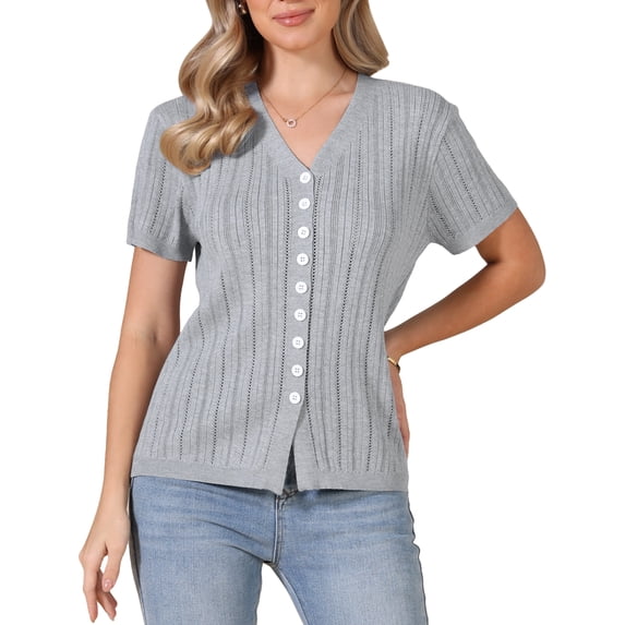 DARING DIVA Women's Eyelet Tops V Neck Short Sleeve Knit Button Down Shirts L Gray