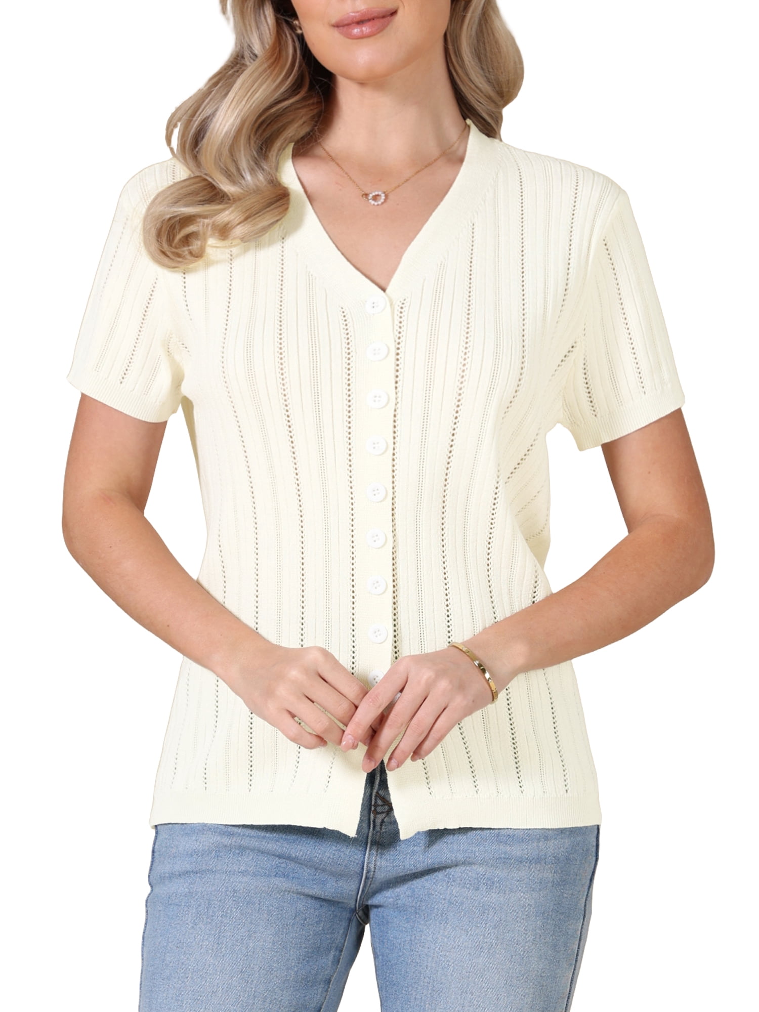 DARING DIVA Women's Eyelet Tops V Neck Short Sleeve Knit Button Down Shirts M Beige