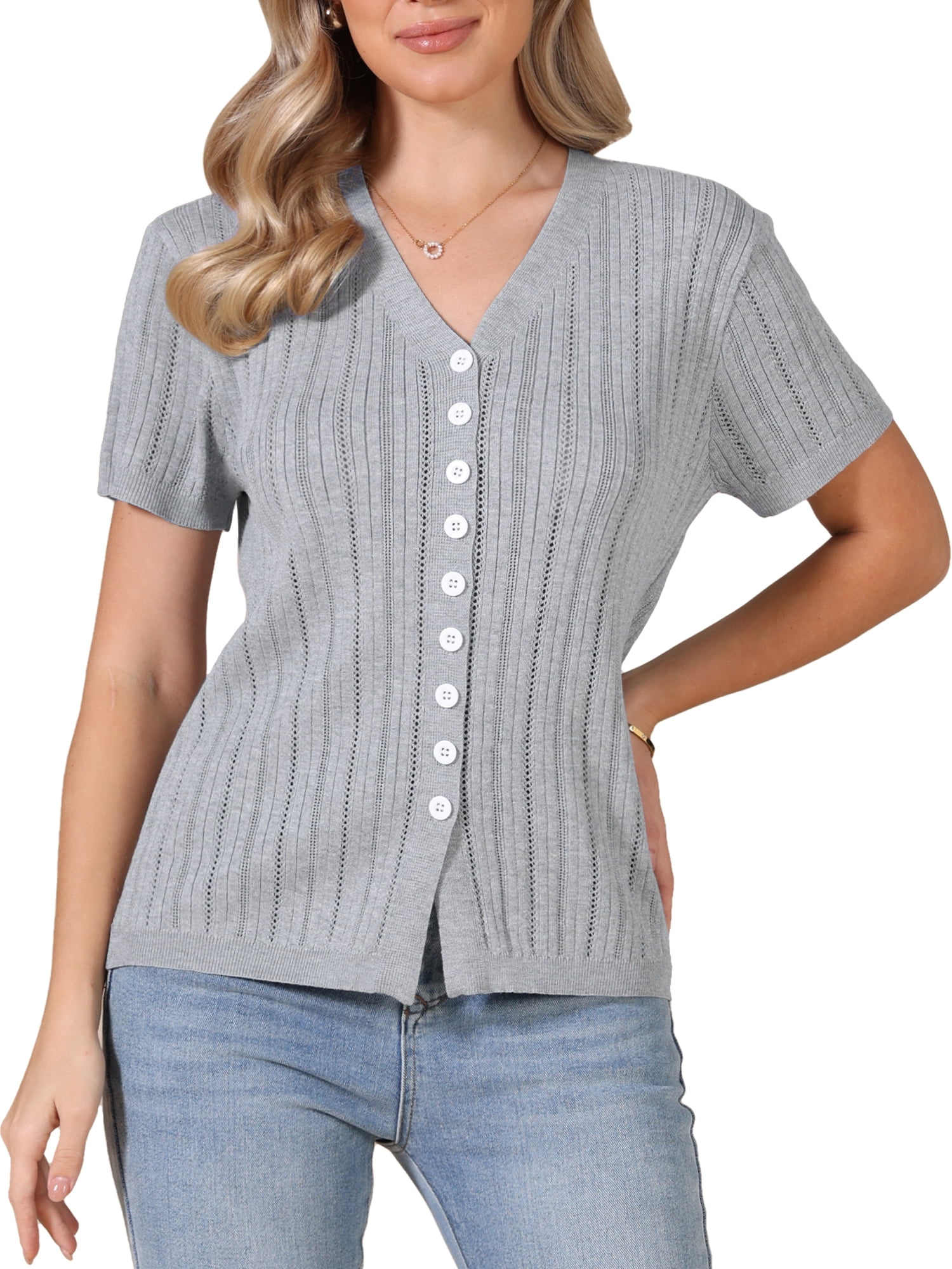DARING DIVA Women's Eyelet Tops V Neck Short Sleeve Knit Button Down Shirts M Gray