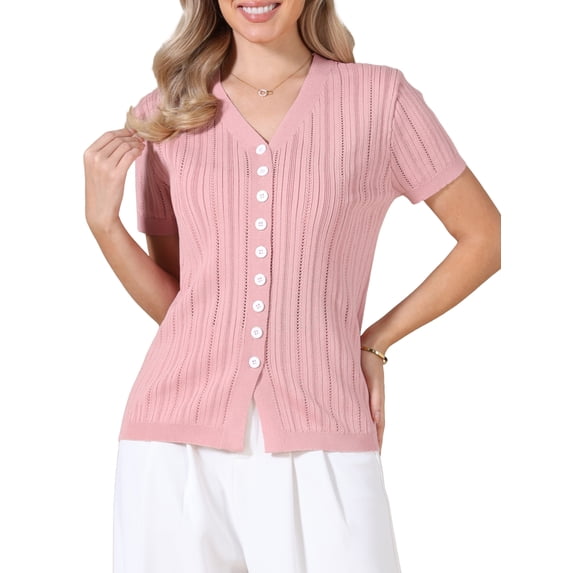 DARING DIVA Women's Eyelet Tops V Neck Short Sleeve Knit Button Down Shirts S Pink