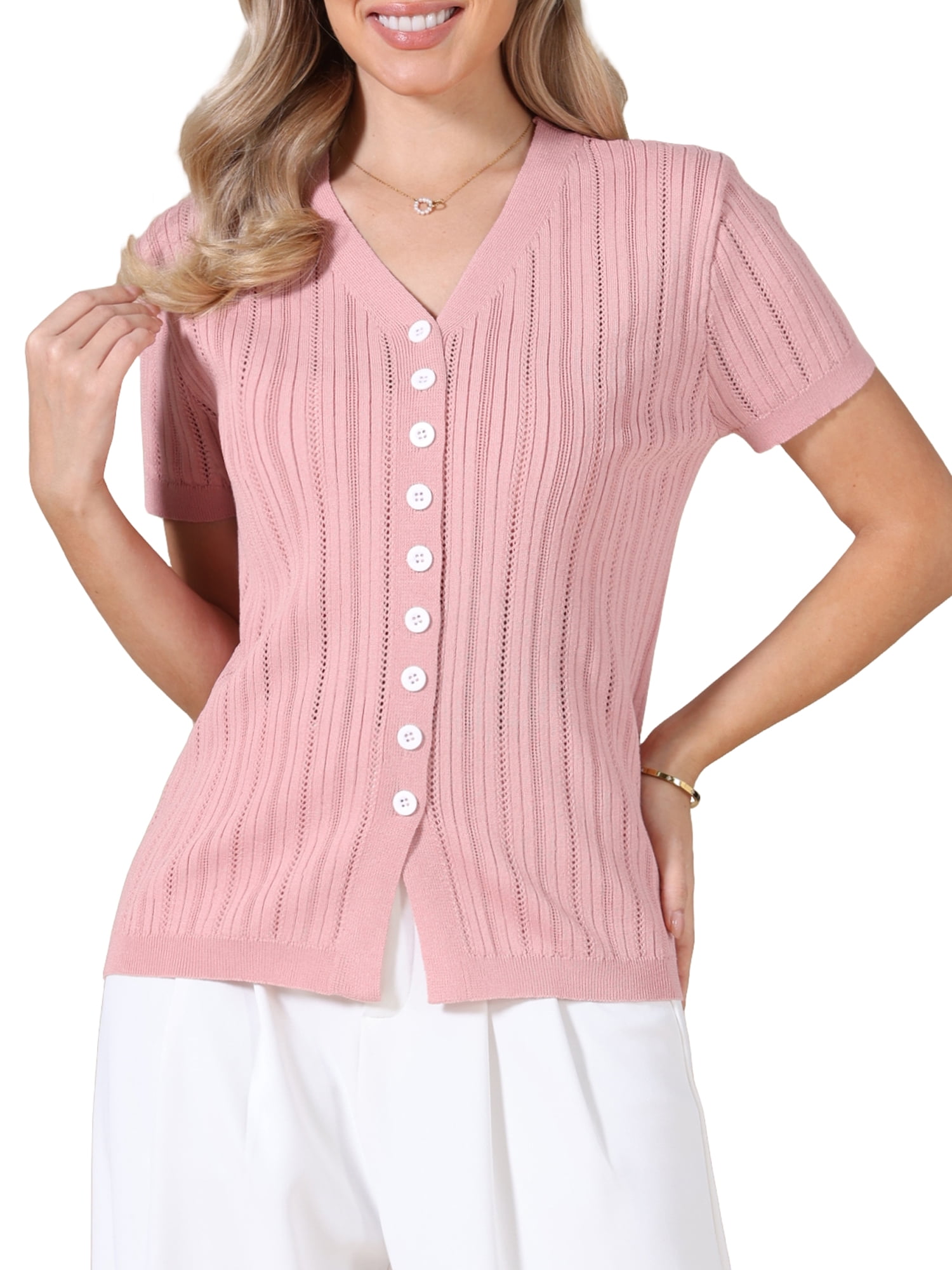 DARING DIVA Women's Eyelet Tops V Neck Short Sleeve Knit Button Down Shirts XL Pink