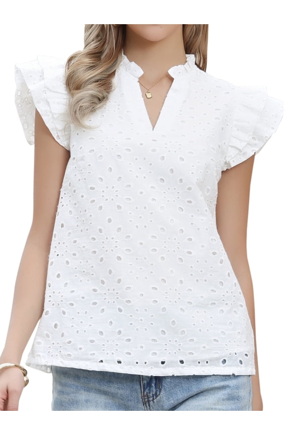 Women's Eyelet V Neck Ruffle Cap Sleeve Embroidered Cotton Blouses L White