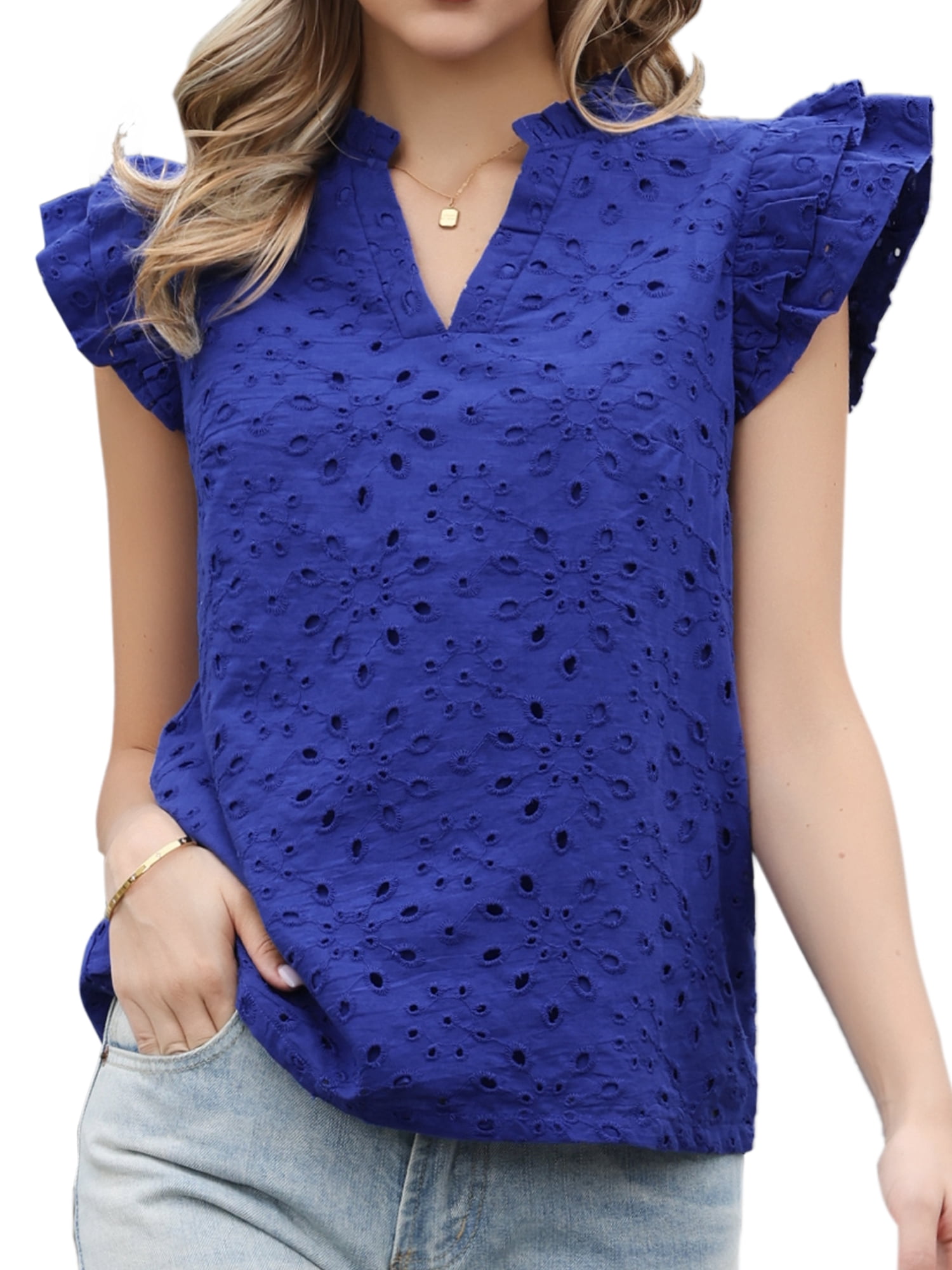 DARING DIVA Women's Eyelet V Neck Ruffle Cap Sleeve Embroidered Cotton Blouses S Blue