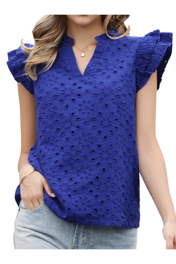 Women's Eyelet V Neck Ruffle Cap Sleeve Embroidered Cotton Blouses S Blue