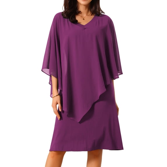 DARING DIVA Women's Fall 3/4 Sleeve V Neck Chiffon Cape Overlay Dress S Dark Purple