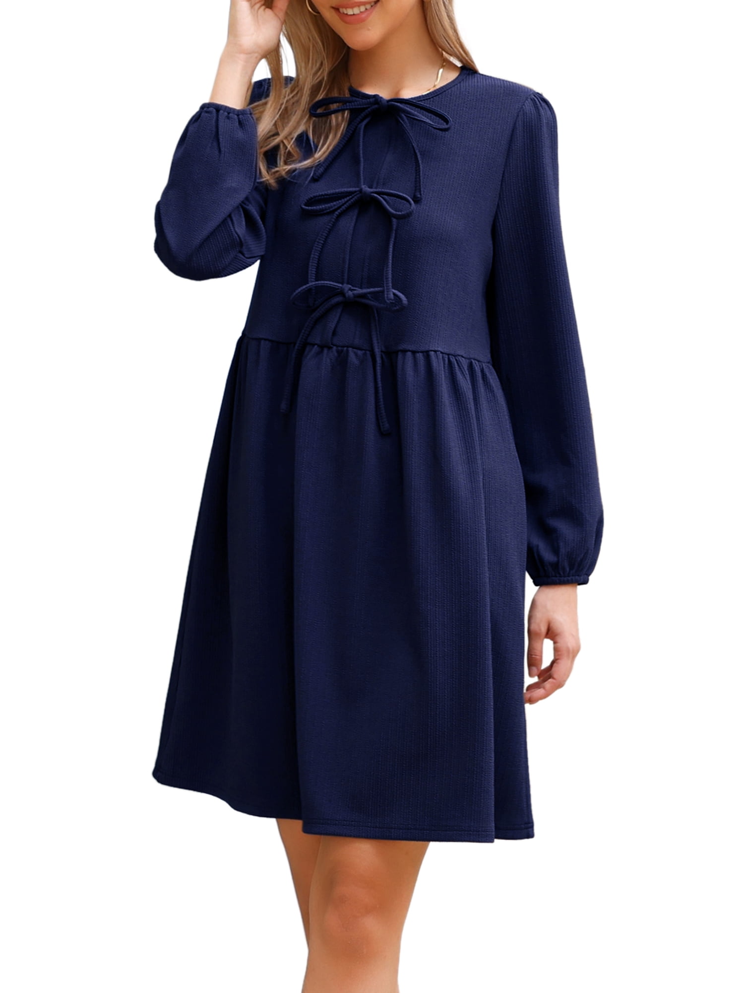 DARING DIVA Women's Fall Long Sleeve Bow Tie Front Cute Tunic Dress L Navy Blue