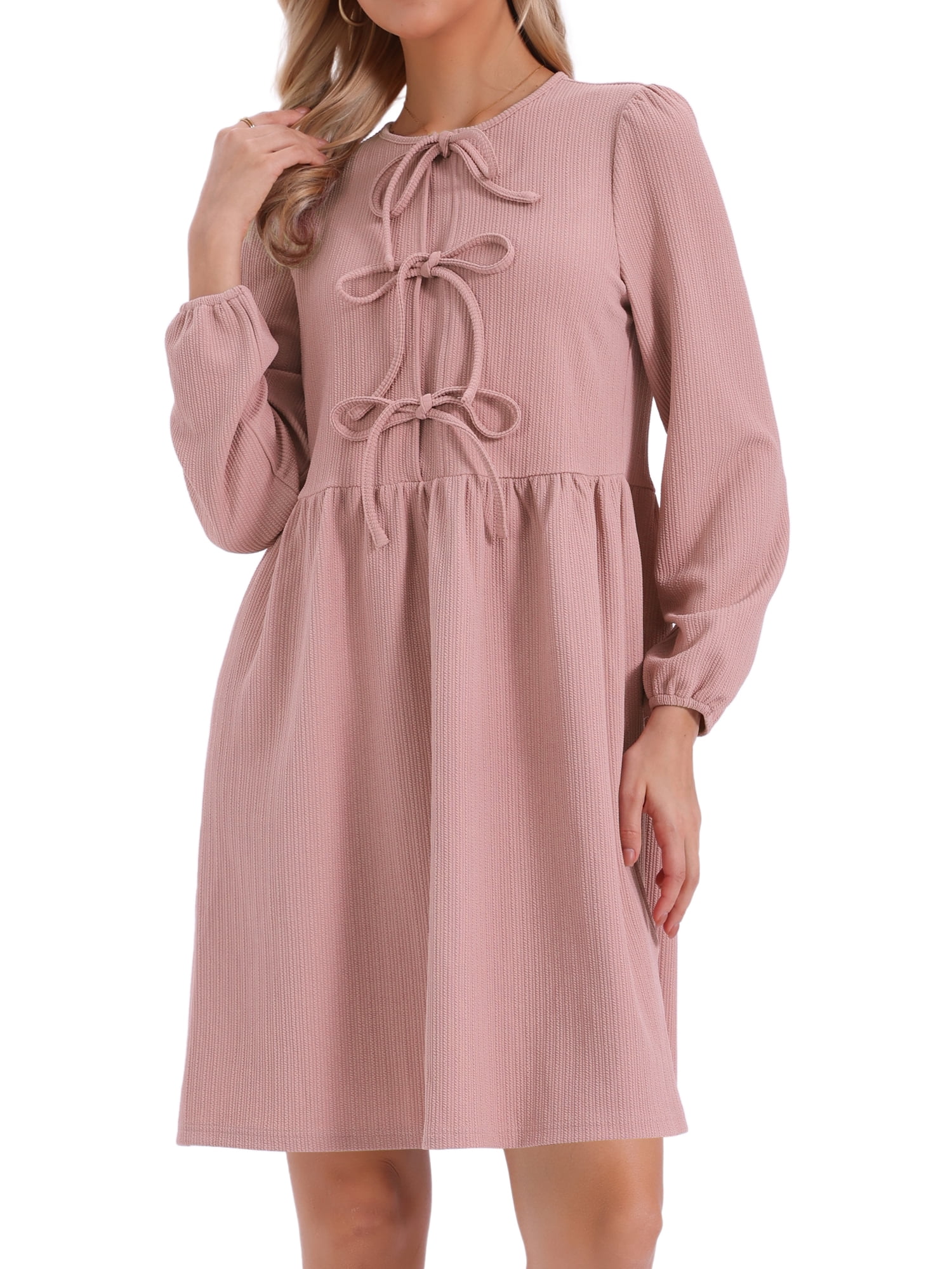 DARING DIVA Women's Fall Long Sleeve Bow Tie Front Cute Tunic Dress S Grey Pink