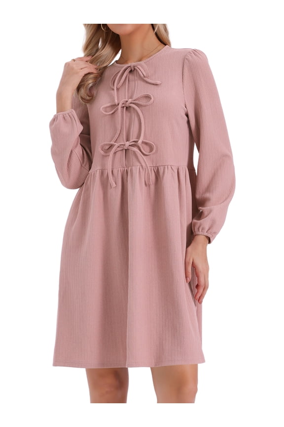 Women's Fall Long Sleeve Bow Tie Front Cute Tunic Dress XL Grey Pink