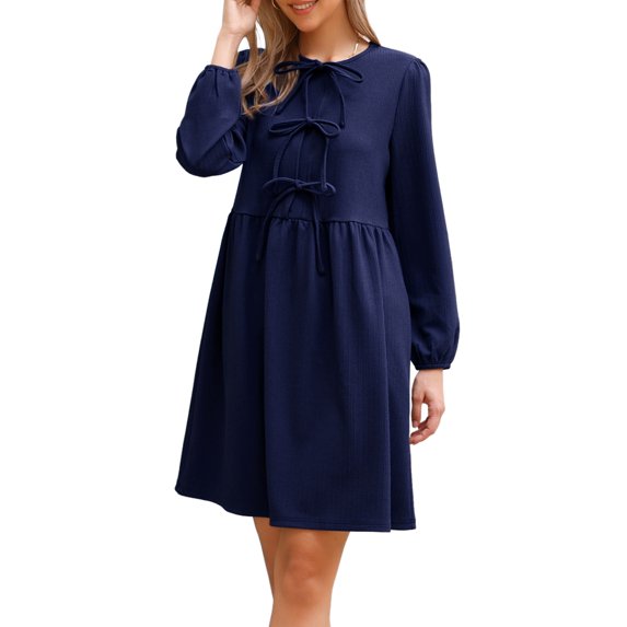 DARING DIVA Women's Fall Long Sleeve Bow Tie Front Cute Tunic Dress XS Navy Blue
