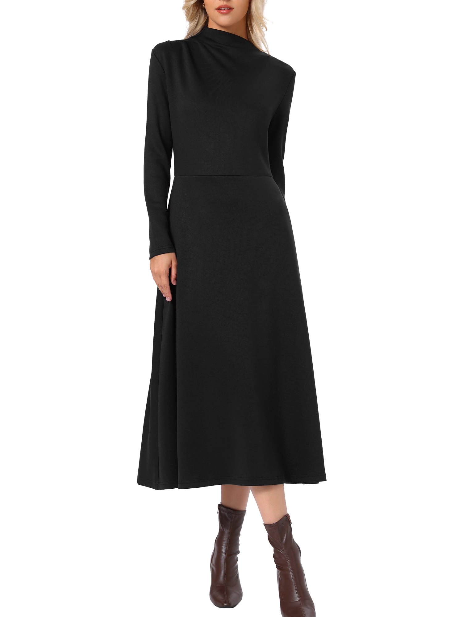 DARING DIVA Women's Fall Ribbed Knit Dresses Neck Long Sleeve Maxi Dress S Black