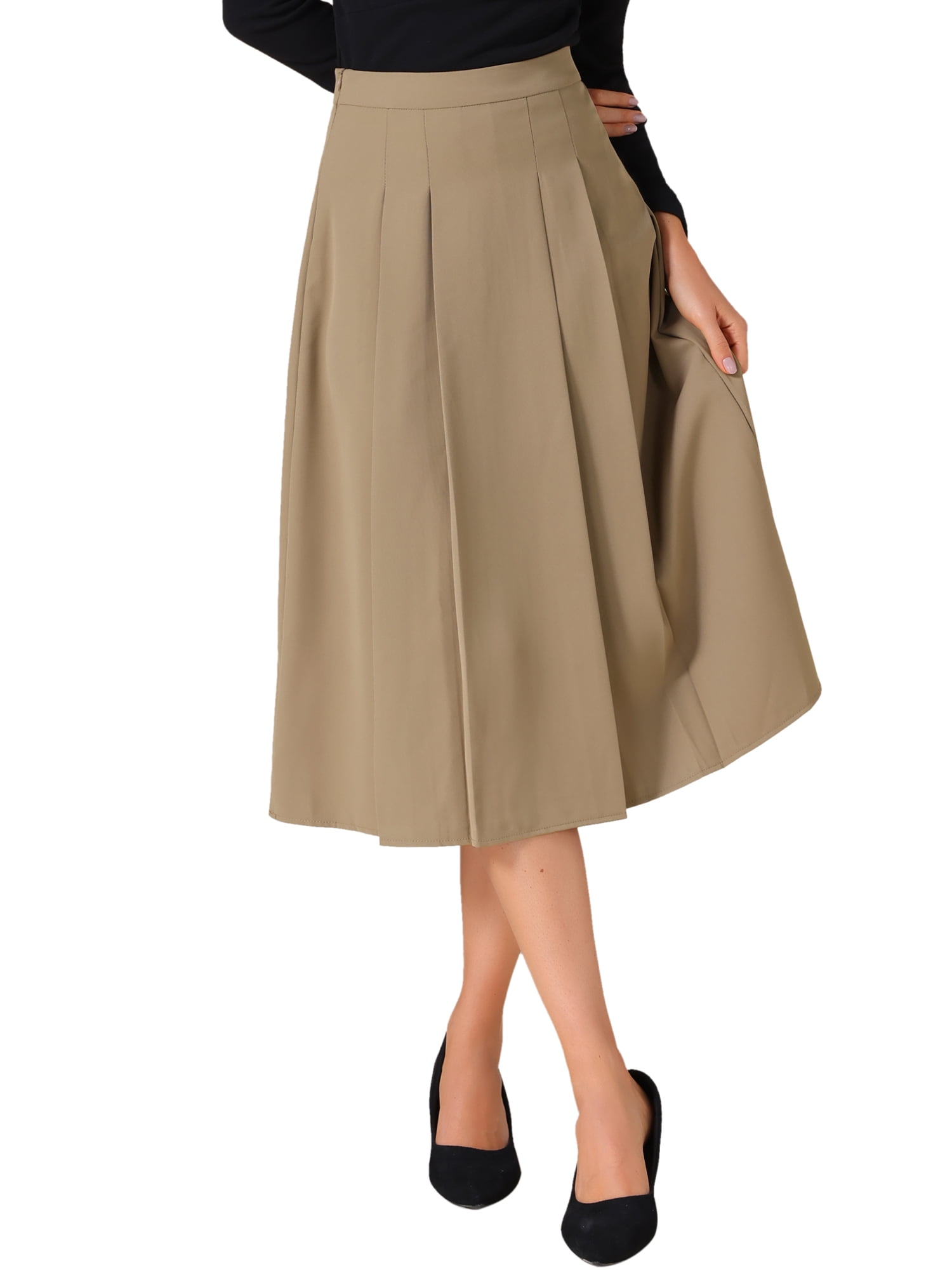 DARING DIVA Women's Fall Work Office A-Line Pleated Midi Skirt X-Small Khaki