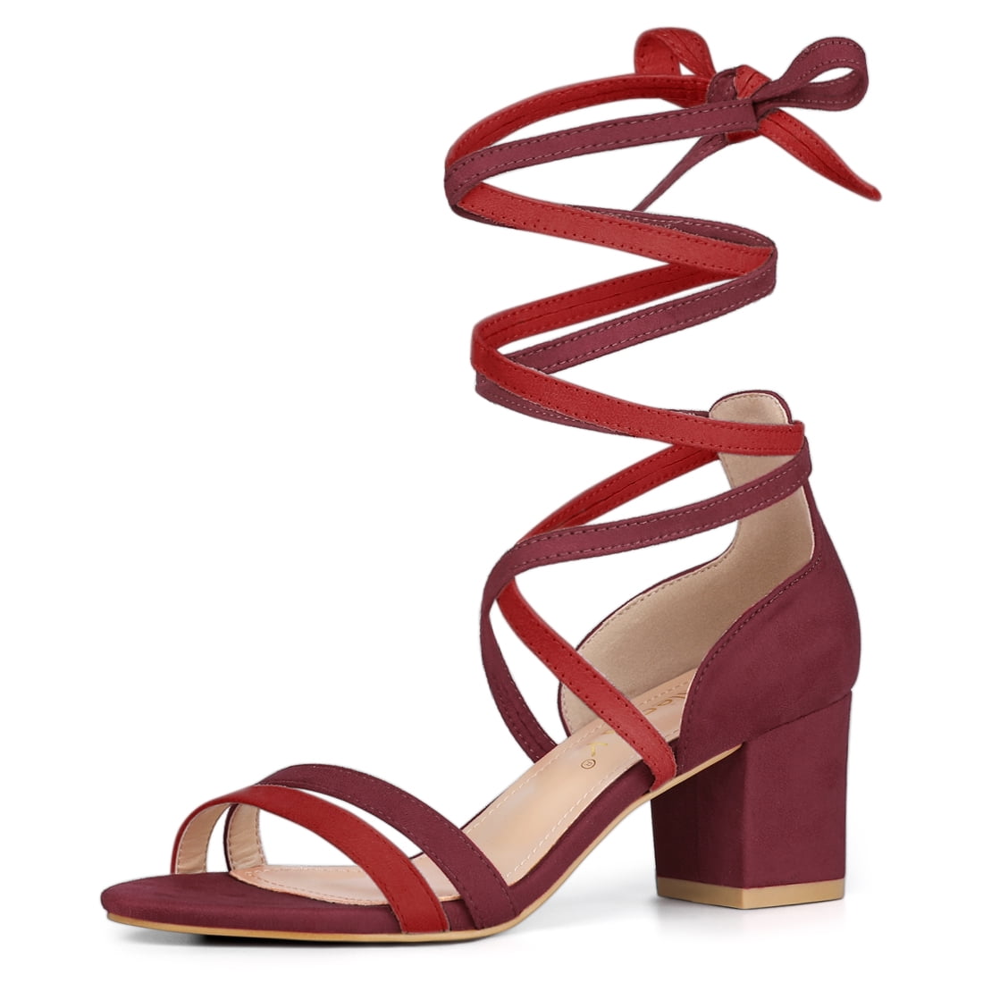 DARING DIVA Women's  Fashion Open Toe Lace Up Color Block Heel Sandals Burgundy Red 7.5