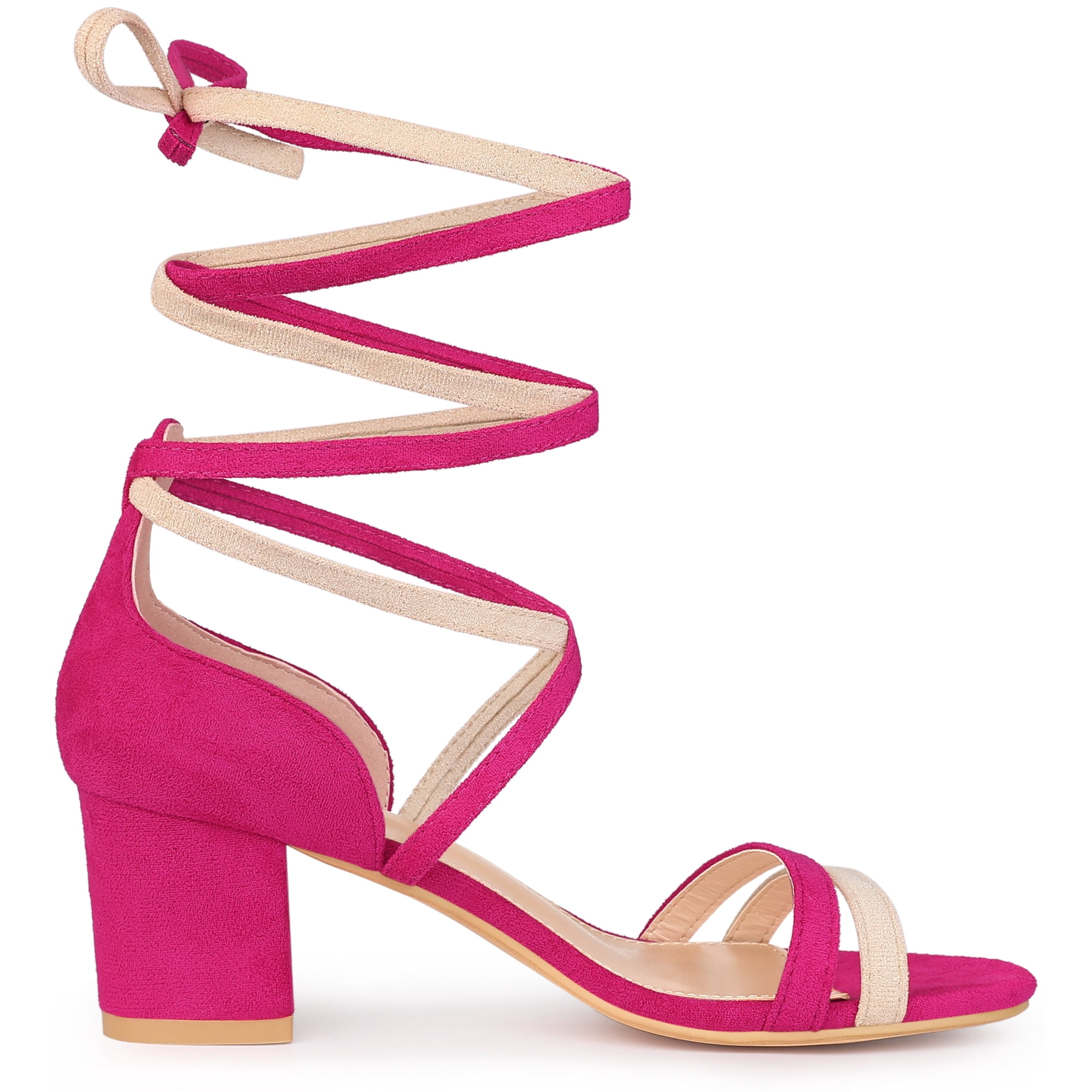 DARING DIVA Women's  Fashion Open Toe Lace Up Color Block Heel Sandals Hot Pink Beige 7.5
