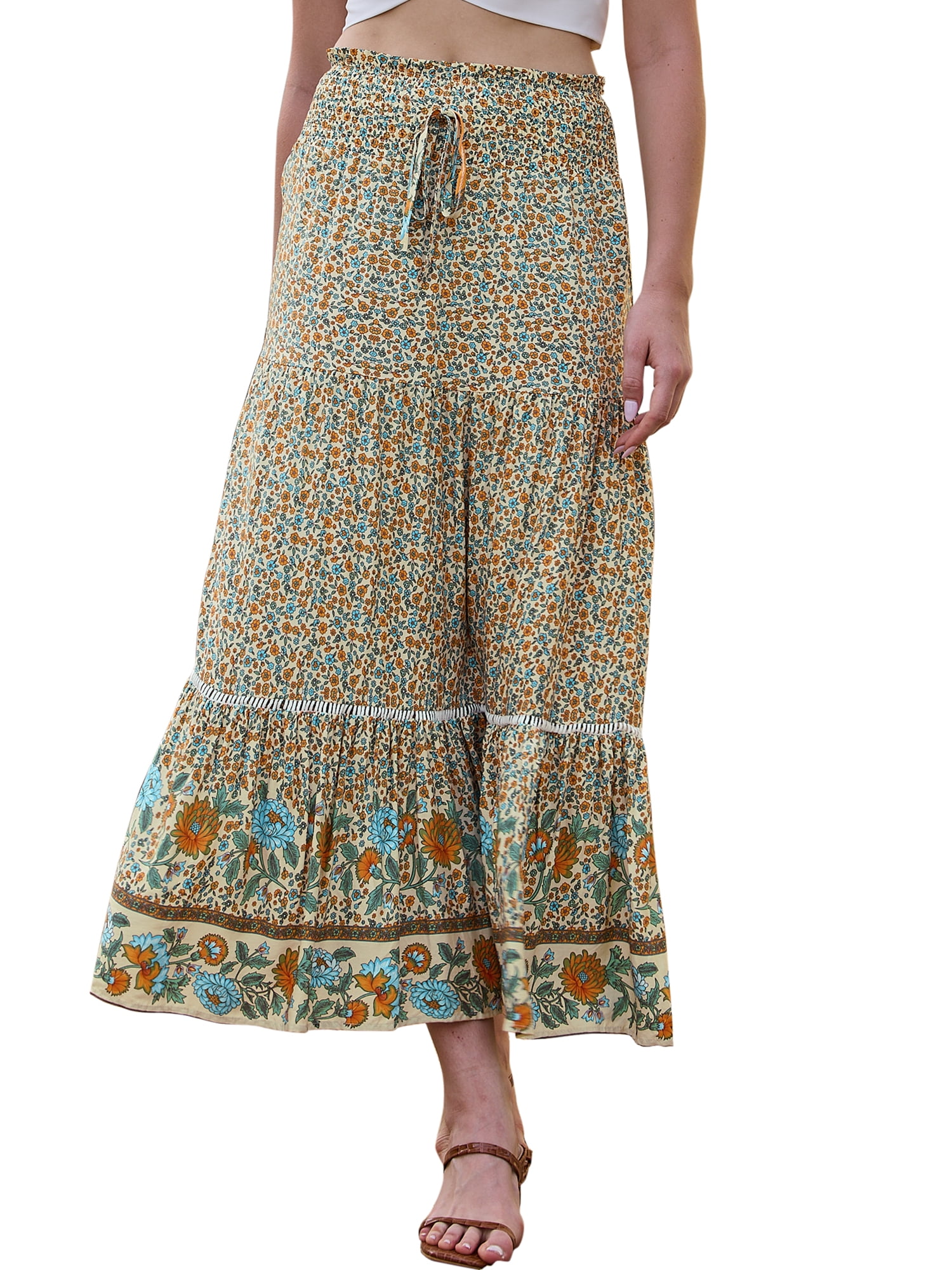 DARING DIVA Women's Fashion Summer Boho Long Skirt X-Large Beige