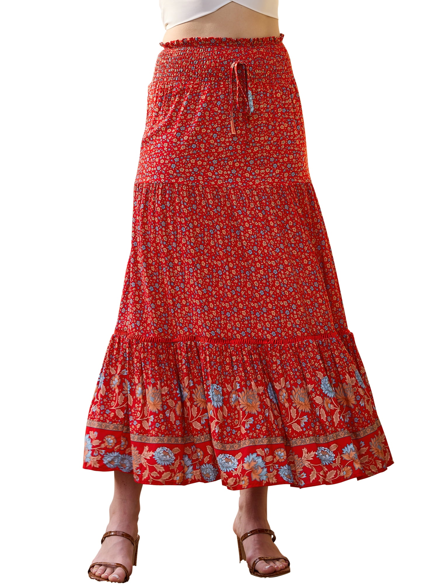 DARING DIVA Women's Fashion Summer Boho Long Skirt X-Large Red