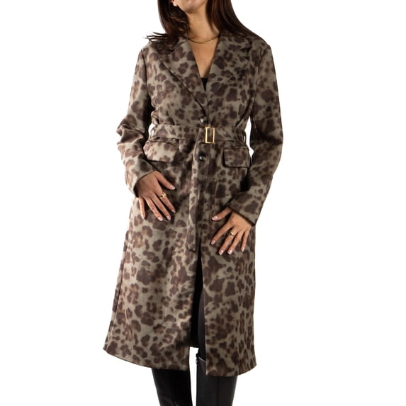 DARING DIVA Women's Fashionable Animal Print Trench Coat L Light Green