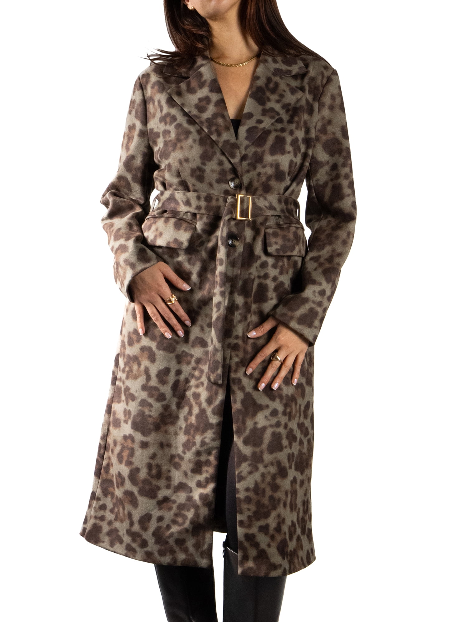 DARING DIVA Women's Fashionable Animal Print Trench Coat S Light Green