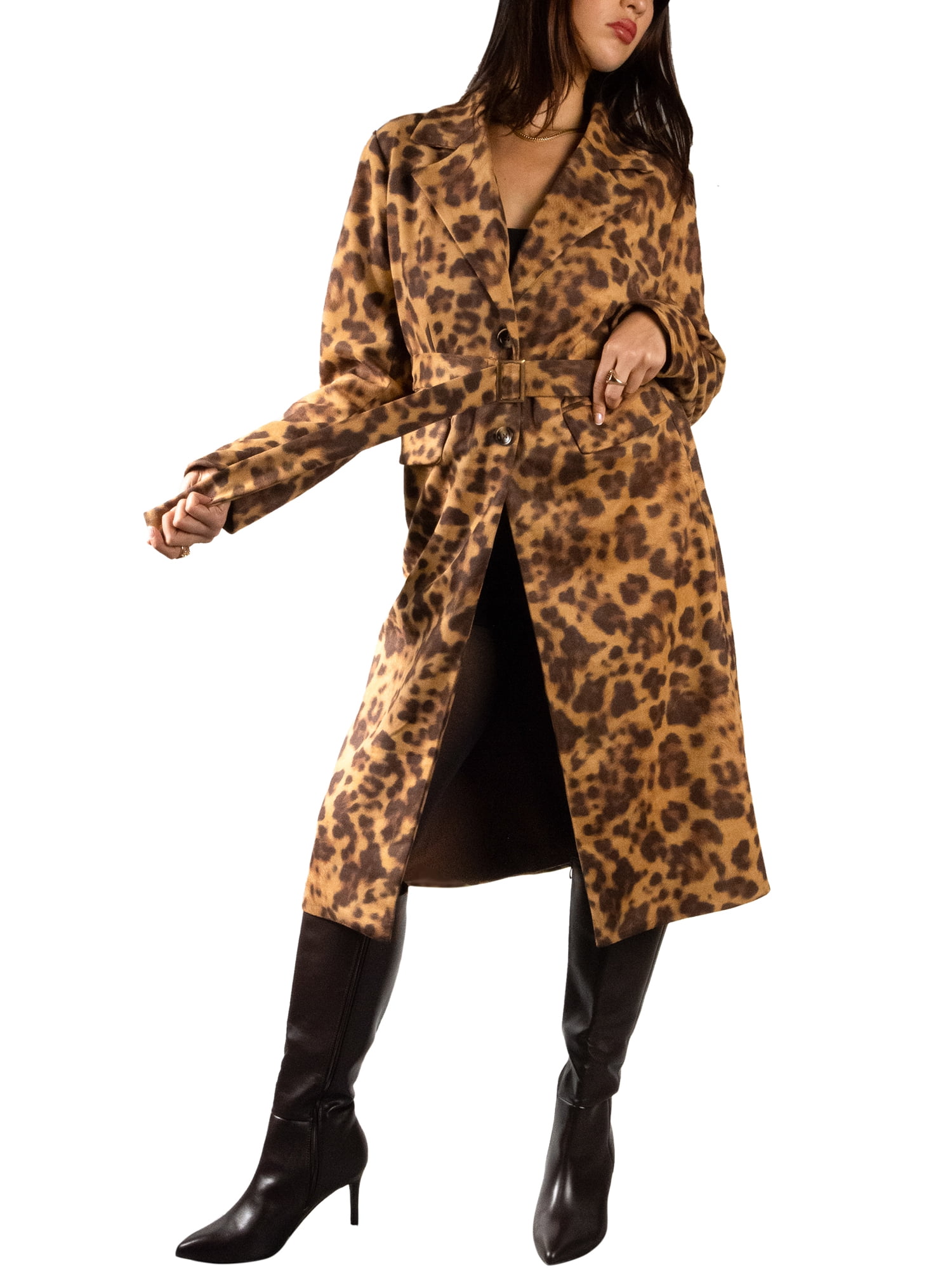 DARING DIVA Women's Fashionable Animal Print Trench Coat XL Brown
