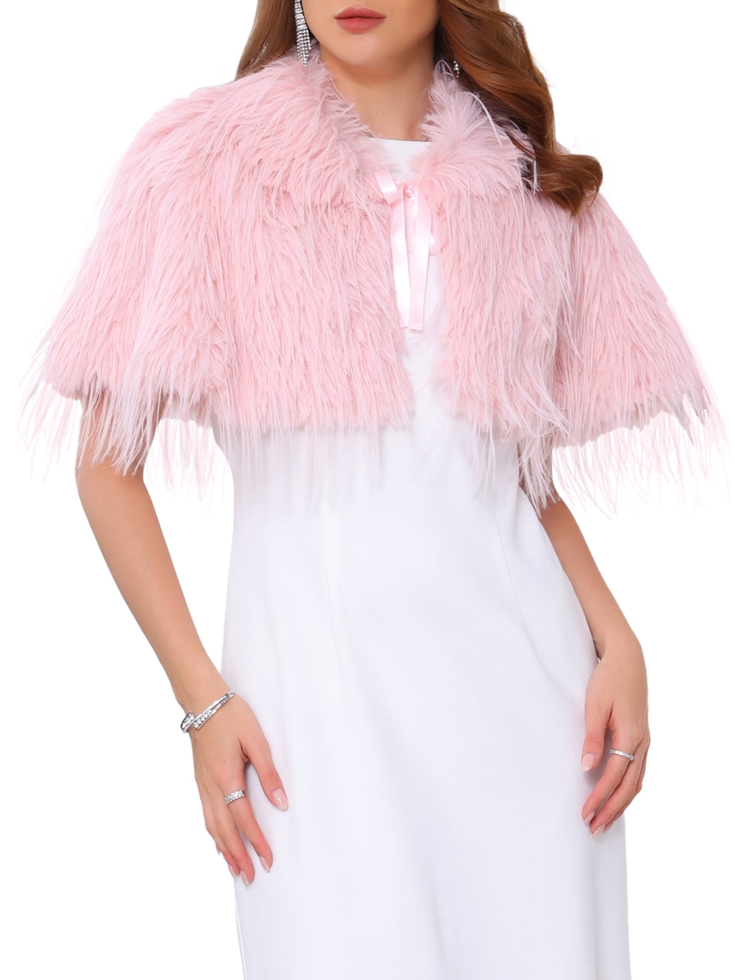 DARING DIVA Women's Faux Fur Bow Tie Neck Wedding Cardigan Shrug L Pink
