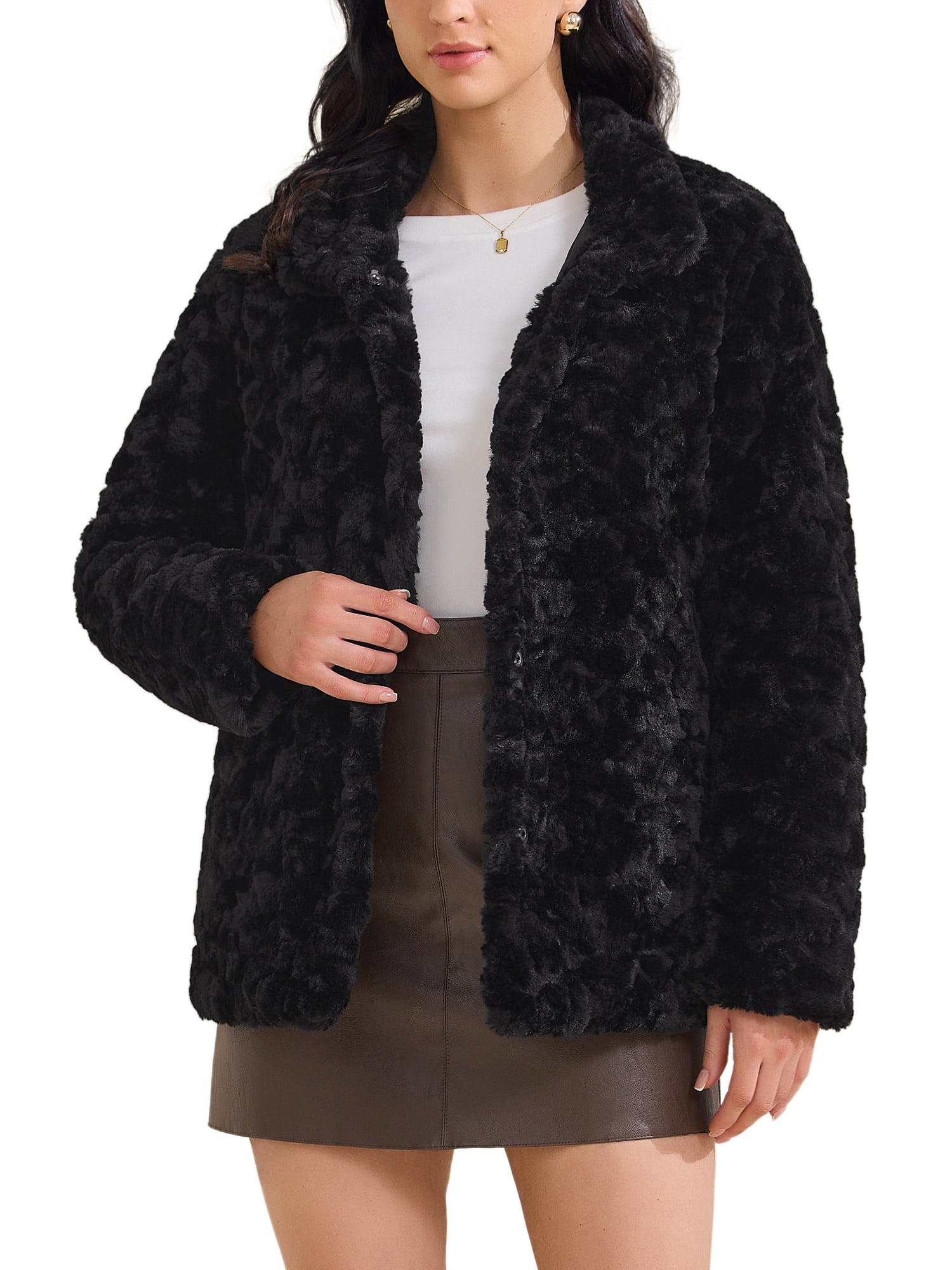 DARING DIVA Women's Faux Fur Button Down Long Sleeve Fluffy Jacket S Black