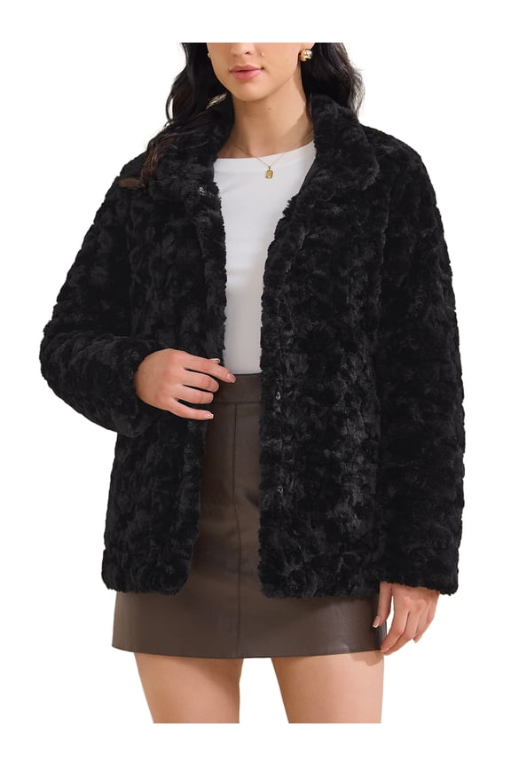 Women's Faux Fur Button Down Long Sleeve Fluffy Jacket S Black