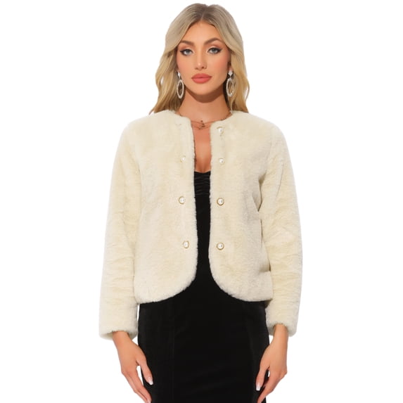 DARING DIVA Women's Winter Faux Fur Coat Jacket Long Sleeve Pockets Pearl Button L Beige