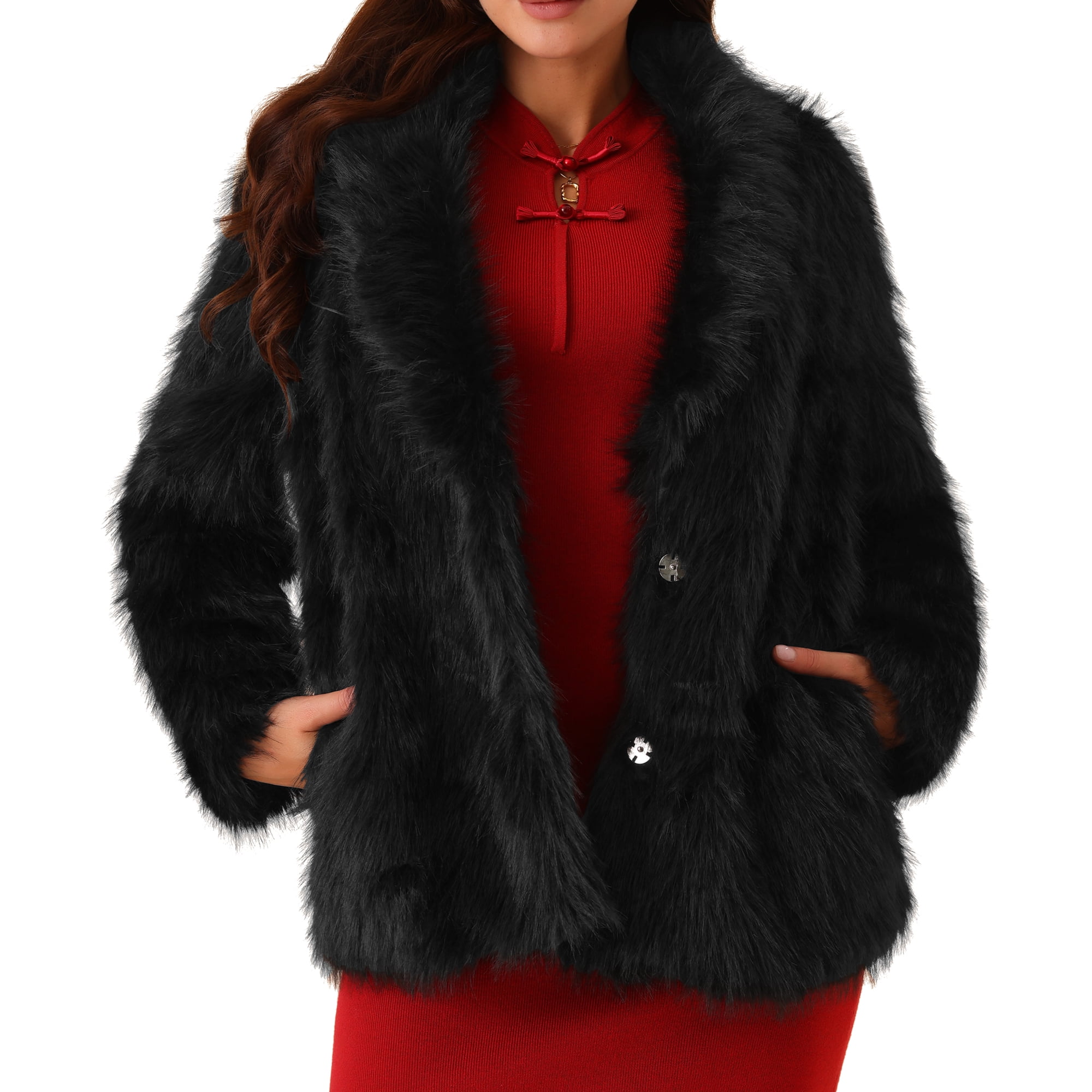 DARING DIVA Women's Faux Fur Coat Long Sleeve Lapel Shaggy Jackets with Pockets S Black