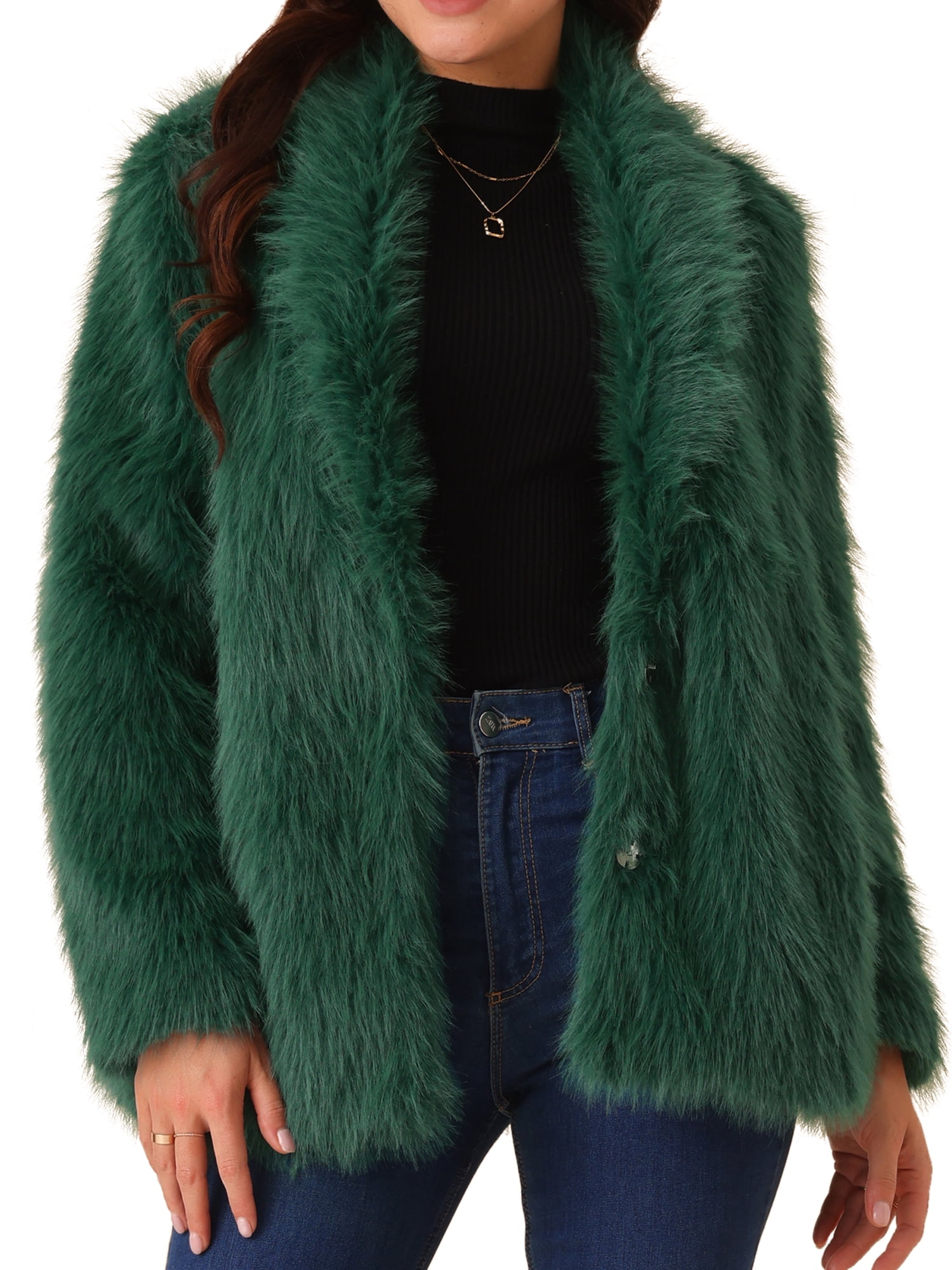 DARING DIVA Women's Faux Fur Coat Long Sleeve Lapel Shaggy Jackets with Pockets S Dark Green