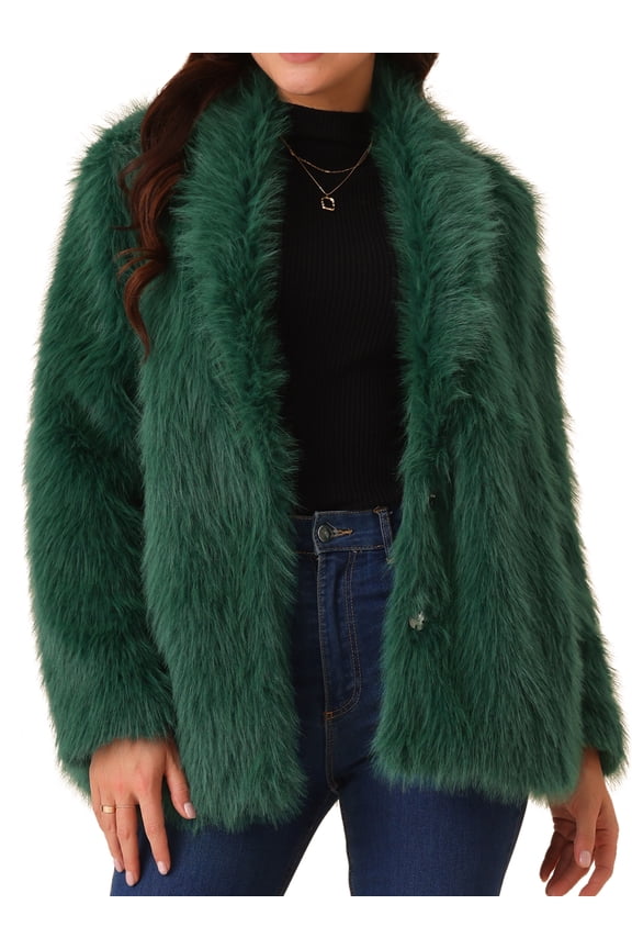 Women's Faux Fur Coat Long Sleeve Pockets Lapel Fluffy Overcoat XL Dark Green