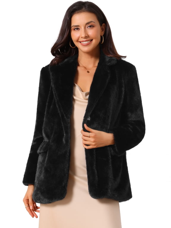 Women's Faux Fur Coat Open Front Notch Lapel Jacket L Black