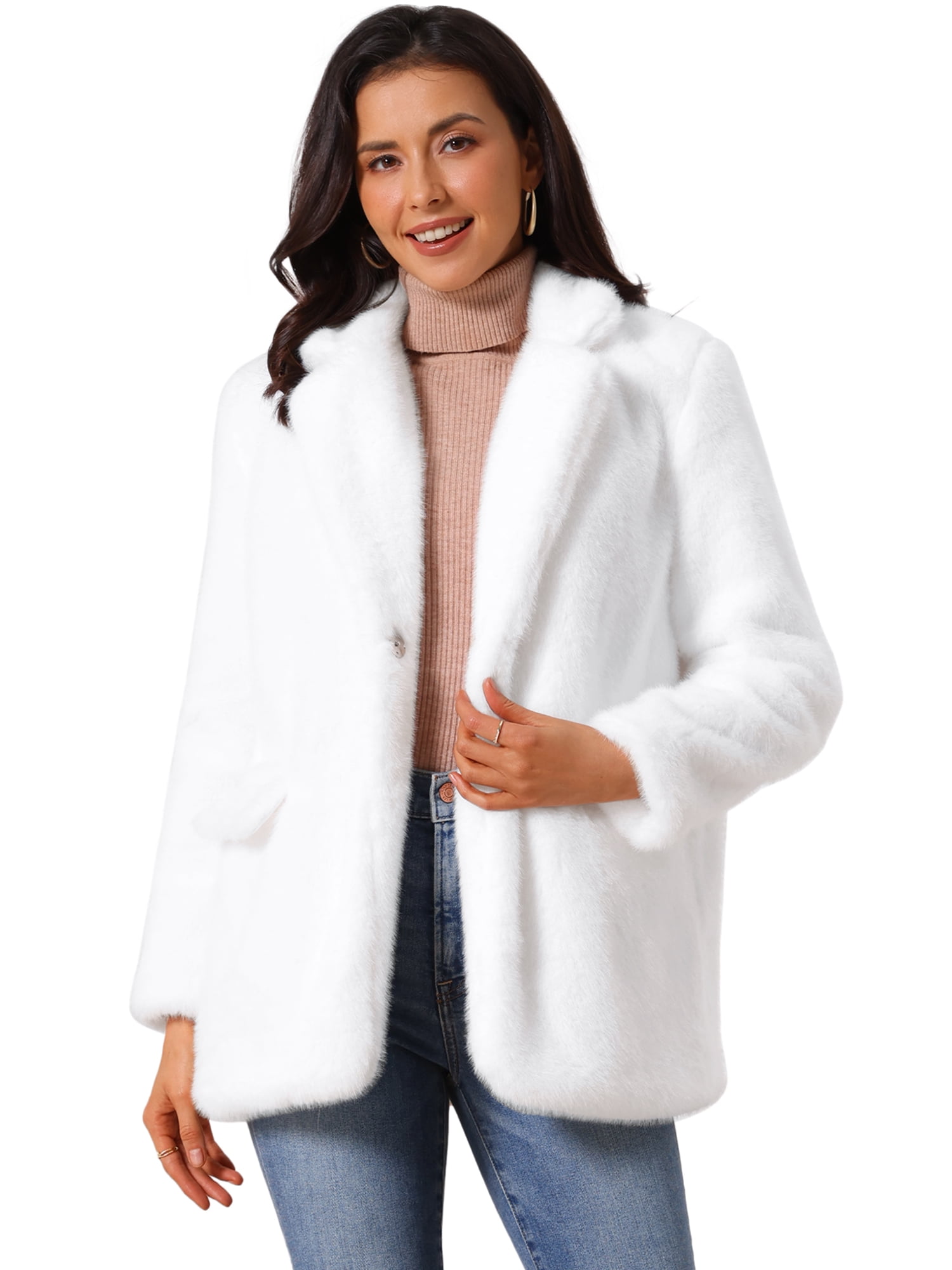 DARING DIVA Women's Faux Fur Coat Open Front Notch Lapel Jacket L White