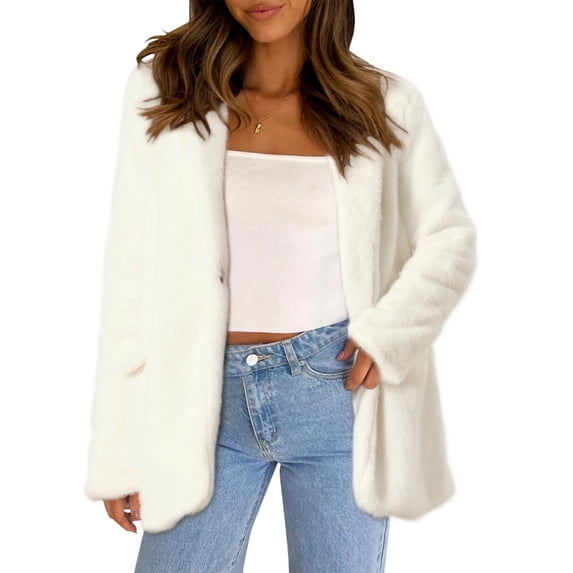 DARING DIVA Women's Faux Fur Coat Open Front Notch Lapel Jacket S Beige