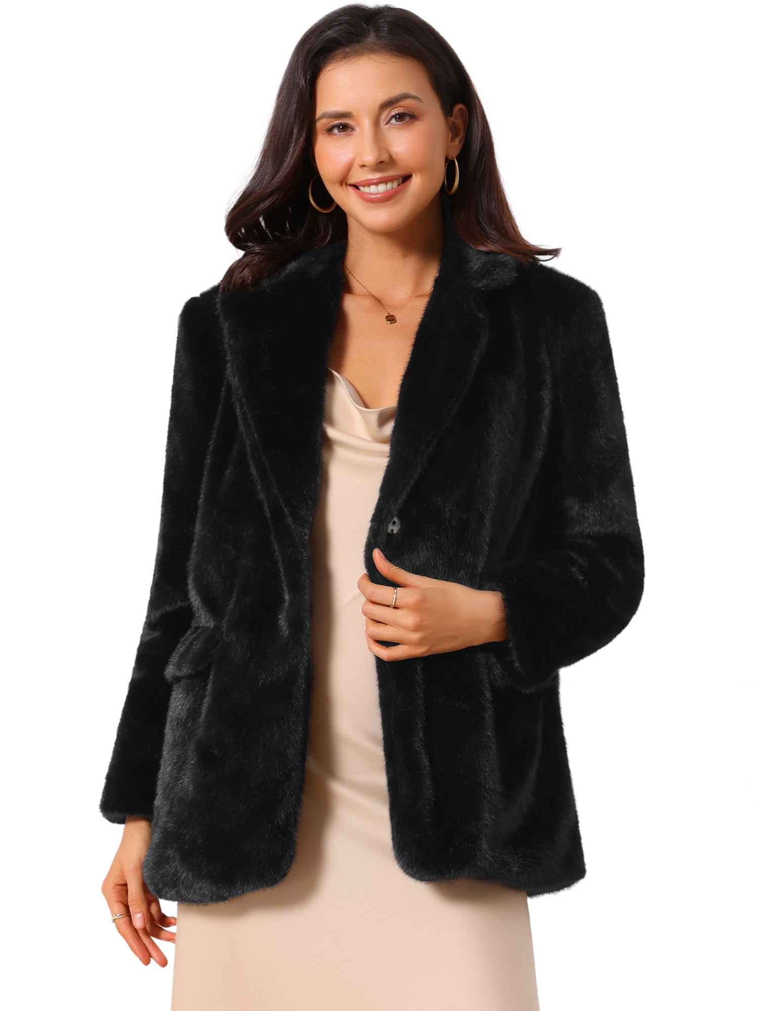 DARING DIVA Women's Faux Fur Coat Open Front Notch Lapel Jacket XL Black