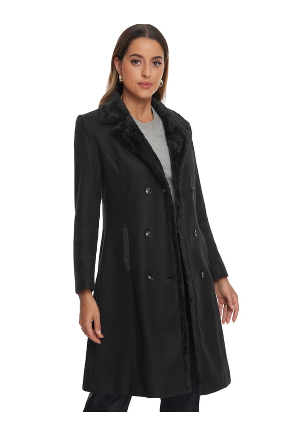 Women's Faux Fur Collar Double Breasted Long Warm Coats Black S