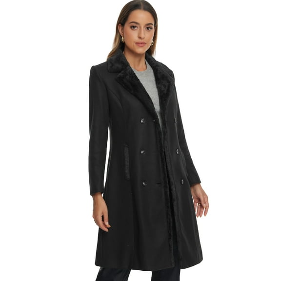DARING DIVA Women's Faux Fur Collar Double Breasted Long Warm Coats Black S