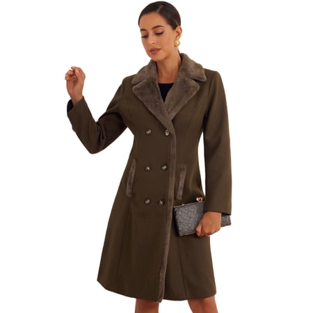 DARING DIVA Women's Winter Coat Faux Fur Collar Double Breasted Long Warm Coats L Dark Brown