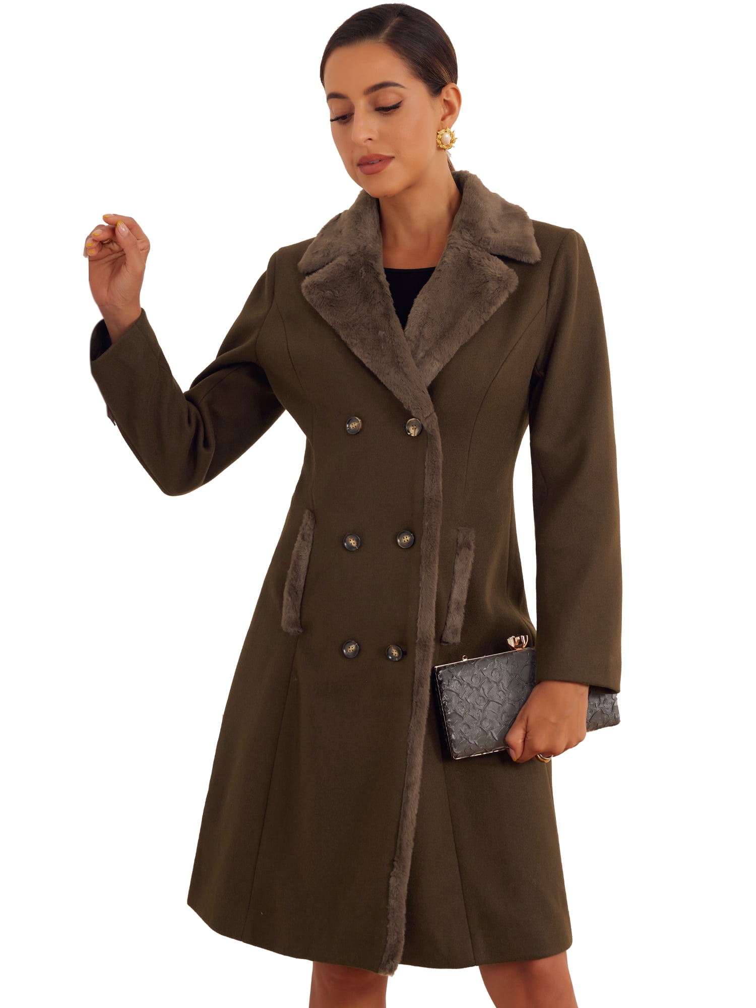 DARING DIVA Women's Winter Coat Faux Fur Collar Double Breasted Long Warm Coats S Dark Brown