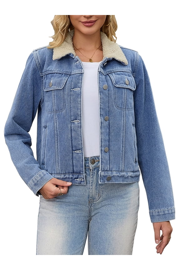 Women's Faux Fur Collar Fleece Lined Denim Trucker Jacket XL Blue
