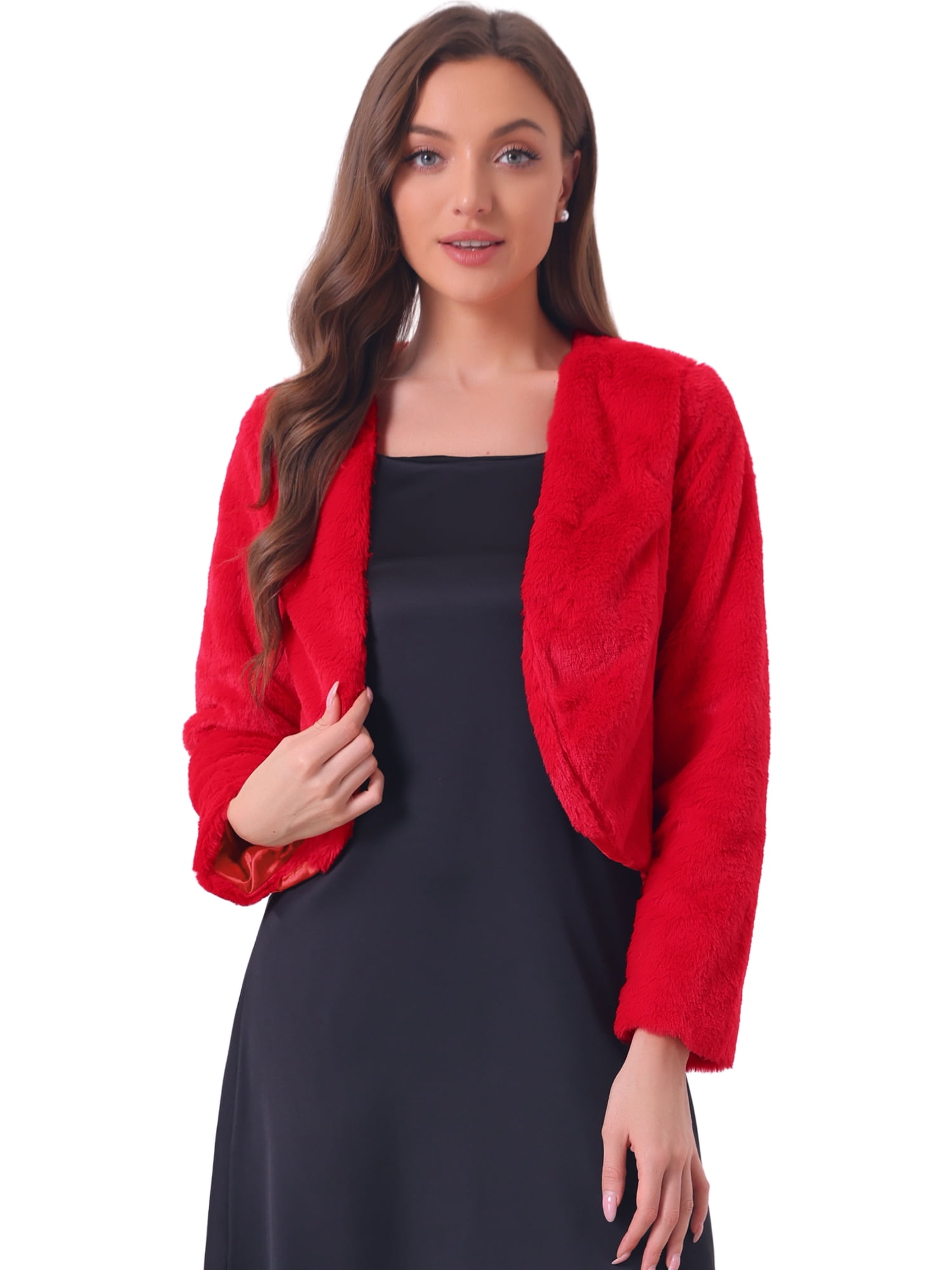 DARING DIVA Women's Faux Fur Cropped Open Front Jacket Bolero Coat L Red