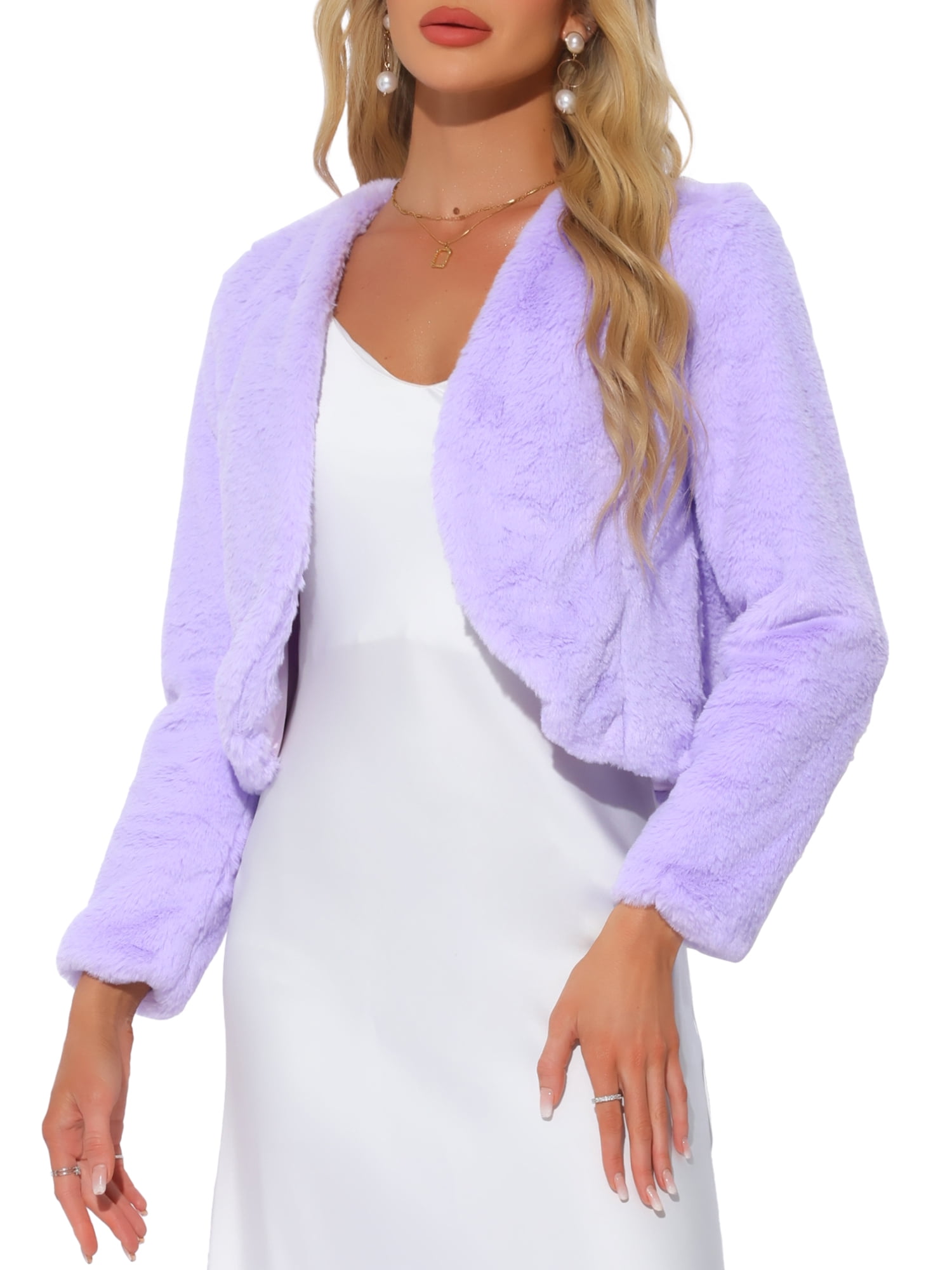 DARING DIVA Women's Faux Fur Cropped Open Front Jacket Bolero Coat S Light Purple