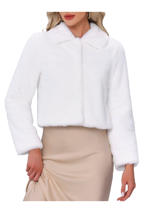 Women's Dressy Faux Fur Cropped Snap Button Fluffy Jacket L White